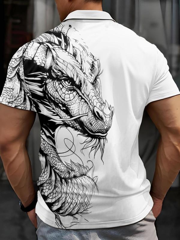 Men's Dragon Print Short Sleeve Polo Shirt, Regular Fit Casual Button Front Collared Top for Summer, Fashion Men's Clothes for Daily Wear