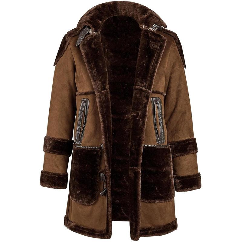 Runcati Men's Shearling Leather Coat Faux Suede Sherpa Lined Sheepskin Jacket with Hood