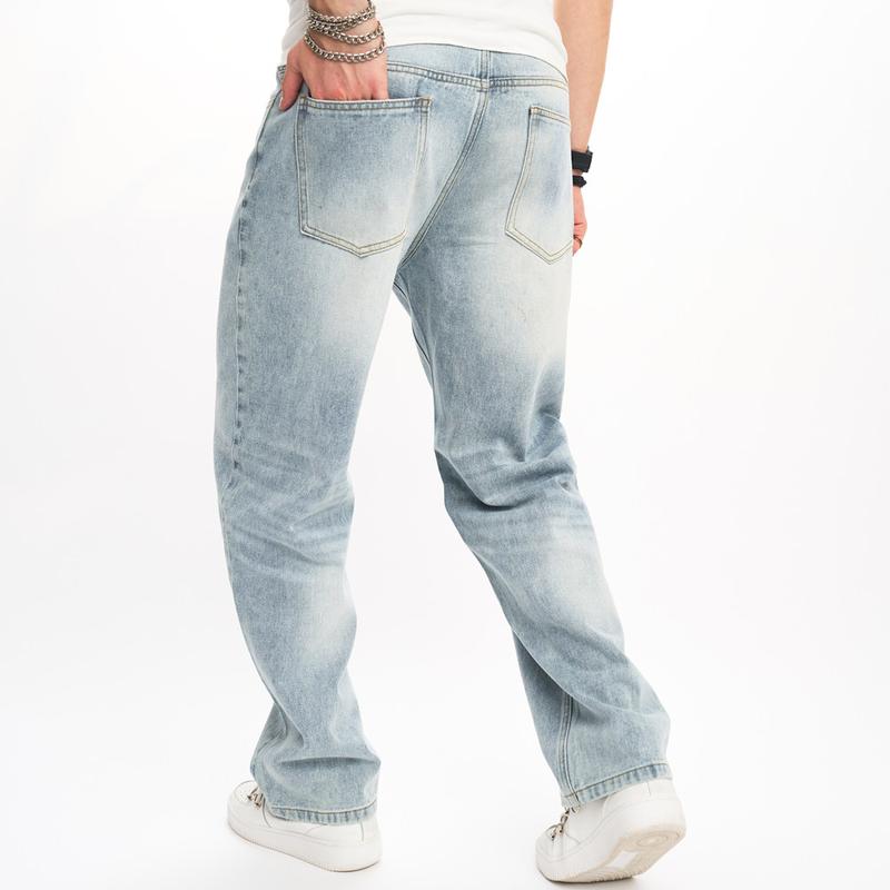 Wide-Leg Men's jeans Simple solid Loose Straight  Trousers For Men's Cotton Jogging  Denim Pants Menswear Underwear Human Beige mid waist plain Jean