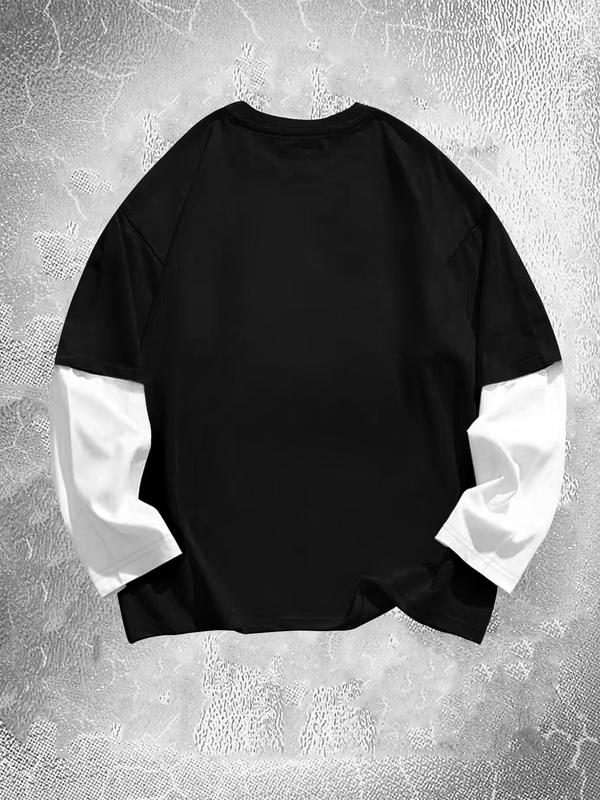 Men's Colorblock 2 in 1 Round Neck Tee, Casual Streetwear Long Sleeve Drop Shoulder T-shirt for Spring & Fall, Back To School Outfits, Graphic Tees for Men, Comfy College Outfits, Going Out Outfits, Men's T Shirts