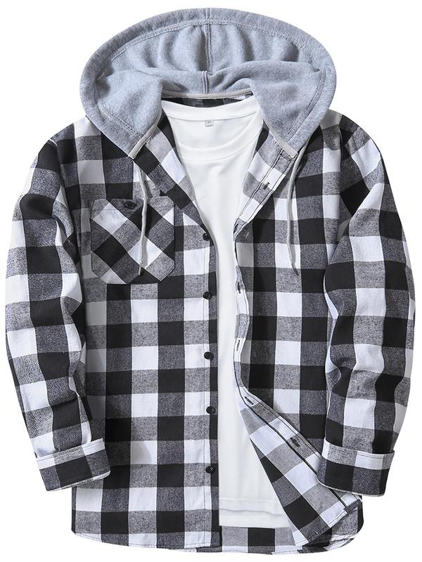  Men's Plaid Print Button Front Drawstring Hooded Coat, Regular Fit Hooded Jacket, Casual Long Sleeve Pocket Outerwear for Spring & Fall, Men's Clothes for Daily Wear