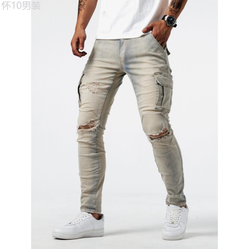 Slim Fit Multi-Pocket Jeans, Men's Casual Street Style High Stretch Denim Pants For All Seasons Outdoor Menswear Spandex Trouser Fabric Streetwear Polyester Cotton Beige