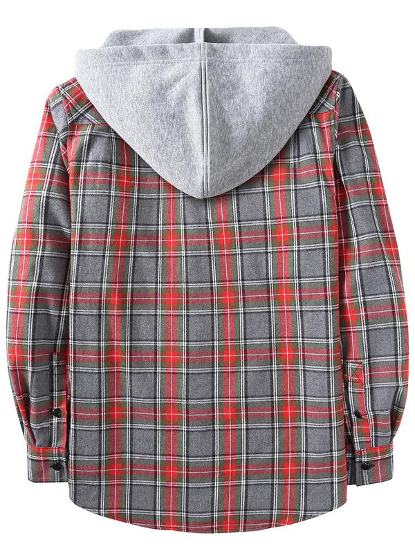  Men's Plaid Print Button Front Drawstring Hooded Coat, Regular Fit Hooded Jacket, Casual Long Sleeve Pocket Outerwear for Spring & Fall, Men's Clothes for Daily Wear