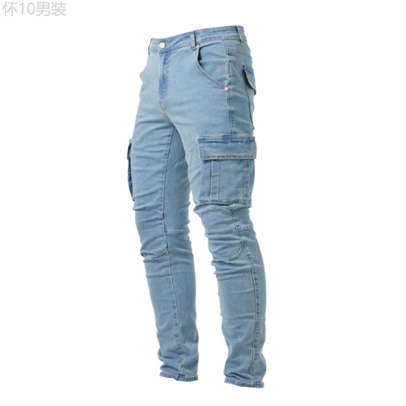 Slim Fit Multi-Pocket Jeans, Men's Casual Street Style High Stretch Denim Pants For All Seasons Outdoor Menswear Spandex Trouser Fabric Streetwear Polyester Cotton Beige