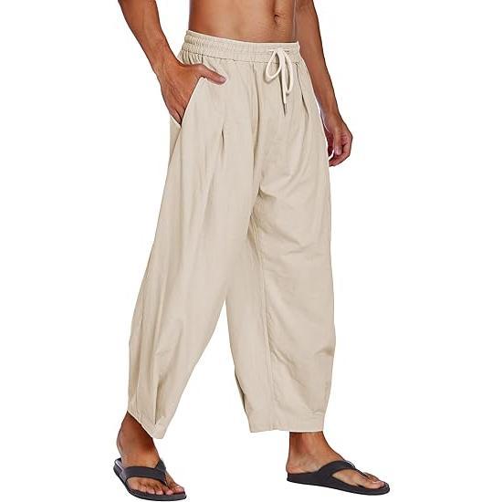 COOFANDY Men's Cotton Linen Harem Pants Drawstring Casual Cropped Trousers Lightweight Loose Beach Yoga Pants with Pockets Skin-friendly Menswear Baggy Canvas Elastic Hippie Soft Suit Underwear Plain Beige