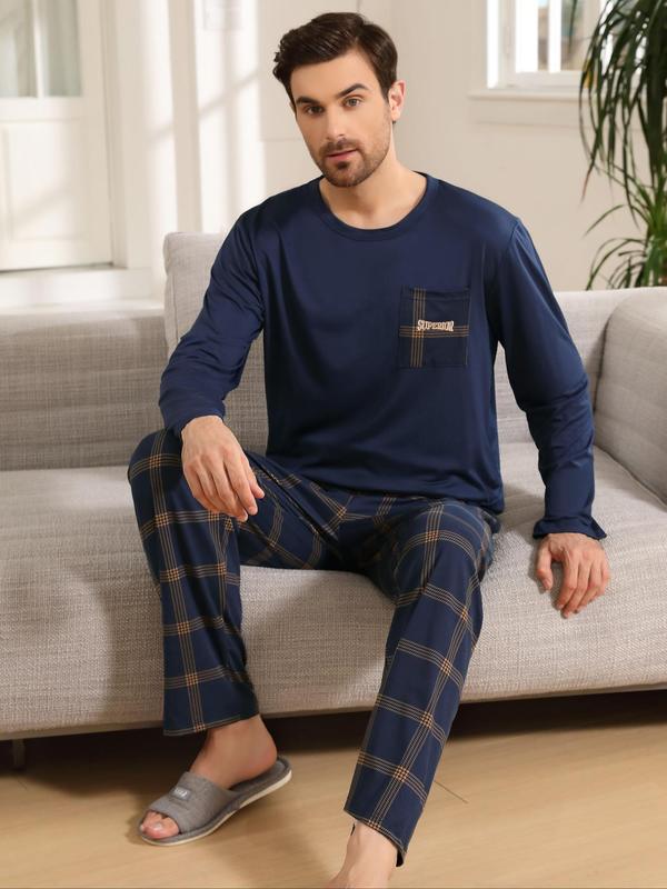 Two-Piece Set Men's Patchwork Pocket Tee & Plaid Print Elastic Waist Pants Pyjama, Casual Comfy Round Neck Long Sleeve T-shirt & Trousers PJ Set, Men's Sleepwear for Spring & Fall