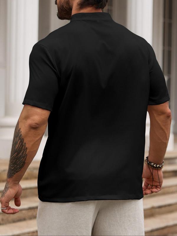 Men's Solid Notched Neck Shirt, Regular Fit Casual Short Sleeve Top for Summer, Men's Top for Daily Wear