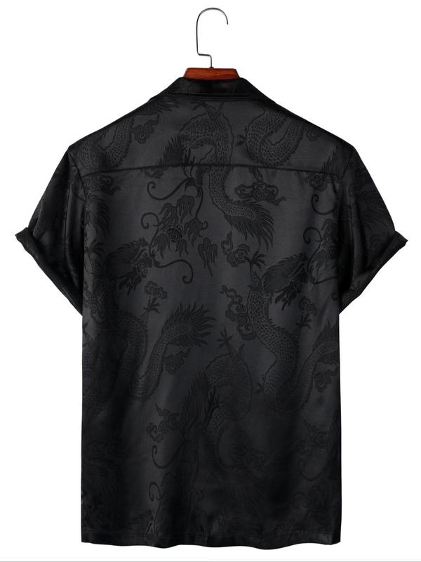 Men's Dragon Jacquard Pocket Button Front Shirt, Regular Fit Casual Short Sleeve Collared Top for Summer, Fashion Men's Clothes for Daily Holiday Vacation Back To School, Men's Tops, Summer Outfits 2024