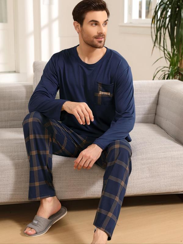 Two-Piece Set Men's Patchwork Pocket Tee & Plaid Print Elastic Waist Pants Pyjama, Casual Comfy Round Neck Long Sleeve T-shirt & Trousers PJ Set, Men's Sleepwear for Spring & Fall