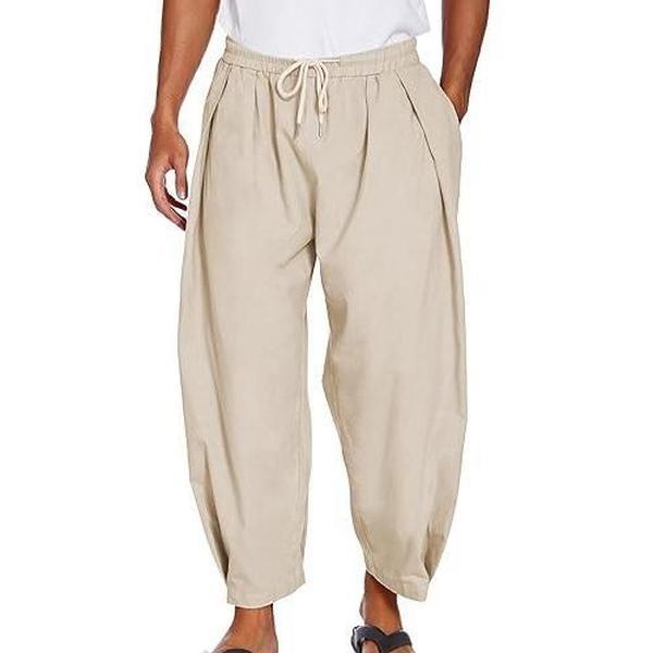 COOFANDY Men's Cotton Linen Harem Pants Drawstring Casual Cropped Trousers Lightweight Loose Beach Yoga Pants with Pockets Skin-friendly Menswear Baggy Canvas Elastic Hippie Soft Suit Underwear Plain Beige