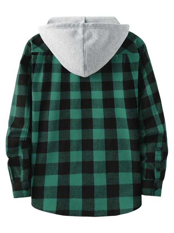  Men's Plaid Print Button Front Drawstring Hooded Coat, Regular Fit Hooded Jacket, Casual Long Sleeve Pocket Outerwear for Spring & Fall, Men's Clothes for Daily Wear