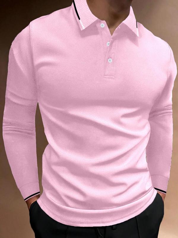 Men's Solid Long Sleeve Buttons Polo Shirt, Regular Fit Casual Fashion Collared Top for Spring & Fall, Men's Clothes for Daily Wear, Fall Outfits, Fallfreshness