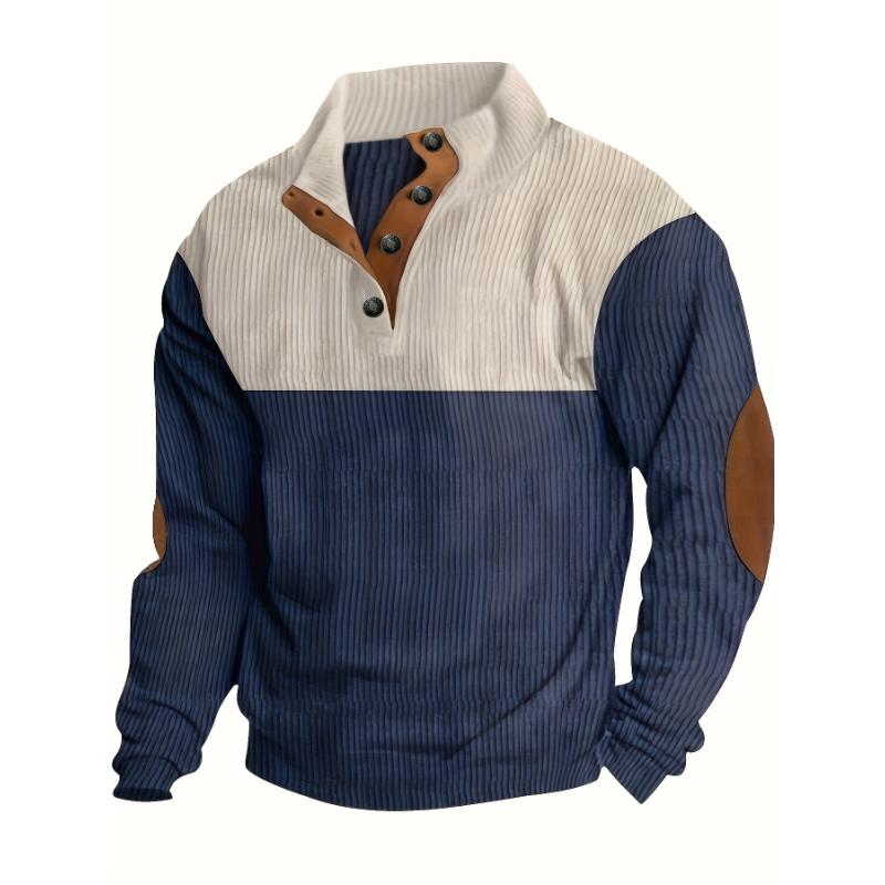 Men's Contrast Color Long Sleeve And Stand Collar Henley Shirt With Patchwork Pieces, Chic And Trendy Tops For Spring And Autumn Outdoors Leisurewear