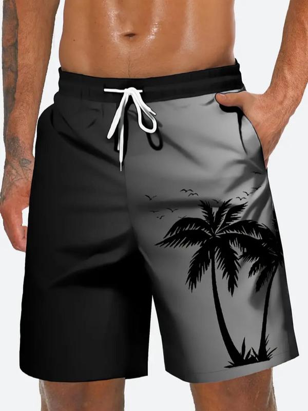 Men's Regular Fit Palm Tree Print Drawstring Waist Beach Shorts, Casual Pocket Beach Shorts for Summer, Fashion Men's Bottoms for Vacation Holiday Beach