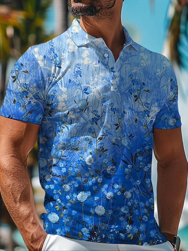 Men's Regular Fit Floral Print Button Front Polo Shirt, Casual Short Sleeve Top for Summer,Men's Clothes for Beach Vacation