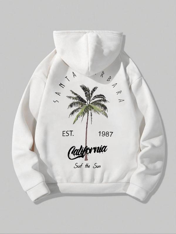 Men's Letter & Palm Tree Print Drop Shoulder Hoodie, Regular Fit Fashion Casual Drawstring Pocket Hooded Sweatshirt for Daily Holiday Outdoor Wear, Men Clothes for Spring & Fall