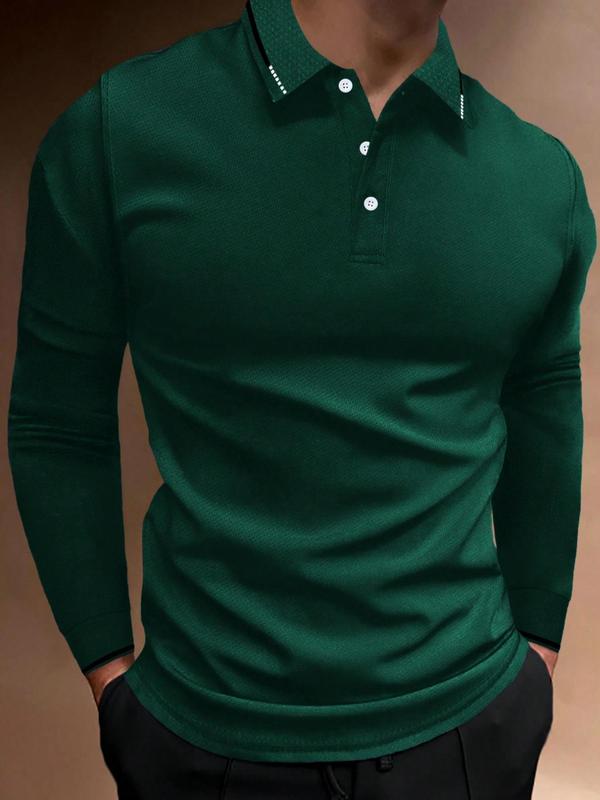 Men's Solid Long Sleeve Buttons Polo Shirt, Regular Fit Casual Fashion Collared Top for Spring & Fall, Men's Clothes for Daily Wear, Fall Outfits, Fallfreshness