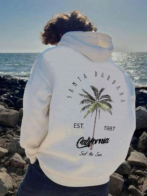 Men's Letter & Palm Tree Print Drop Shoulder Hoodie, Regular Fit Fashion Casual Drawstring Pocket Hooded Sweatshirt for Daily Holiday Outdoor Wear, Men Clothes for Spring & Fall