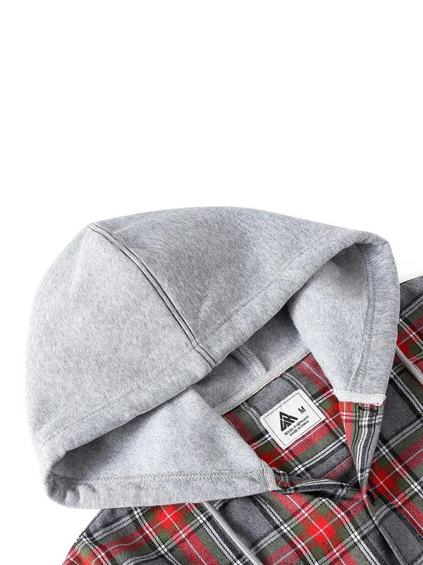  Men's Plaid Print Button Front Drawstring Hooded Coat, Regular Fit Hooded Jacket, Casual Long Sleeve Pocket Outerwear for Spring & Fall, Men's Clothes for Daily Wear