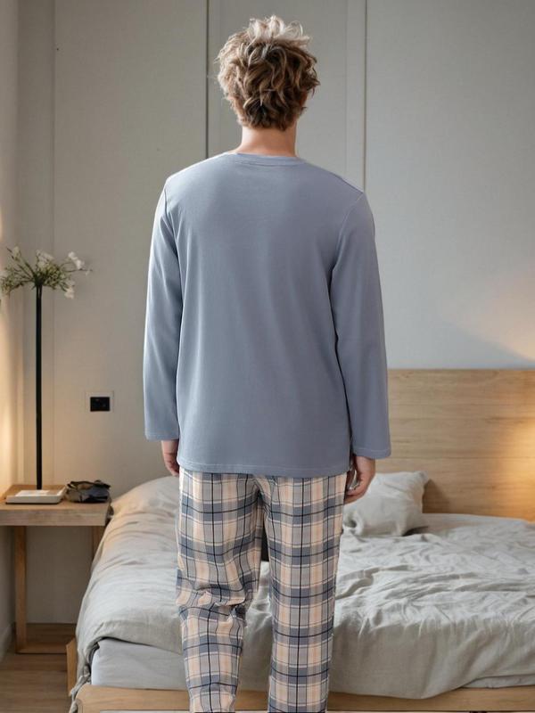 Two-Piece Set Men's Pocket Tee & Plaid Print Pants Pyjama, Regular Fit Casual Comfy Round Neck Long Sleeve T-shirt & Trousers PJ Set, Men's Sleepwear for Spring & Fall