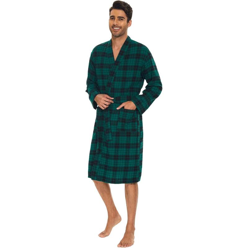 Men's Flannel Robe Knee Length Plaid Bathrobe