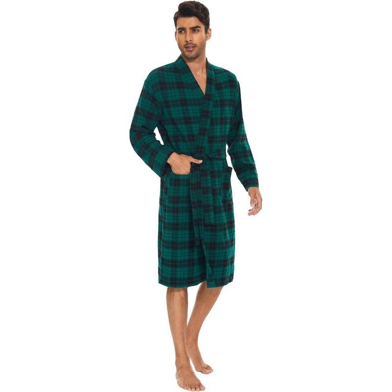 Men's Flannel Robe Knee Length Plaid Bathrobe