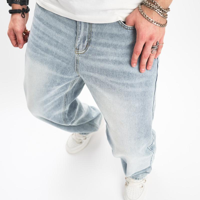 Wide-Leg Men's jeans Simple solid Loose Straight  Trousers For Men's Cotton Jogging  Denim Pants Menswear Underwear Human Beige mid waist plain Jean