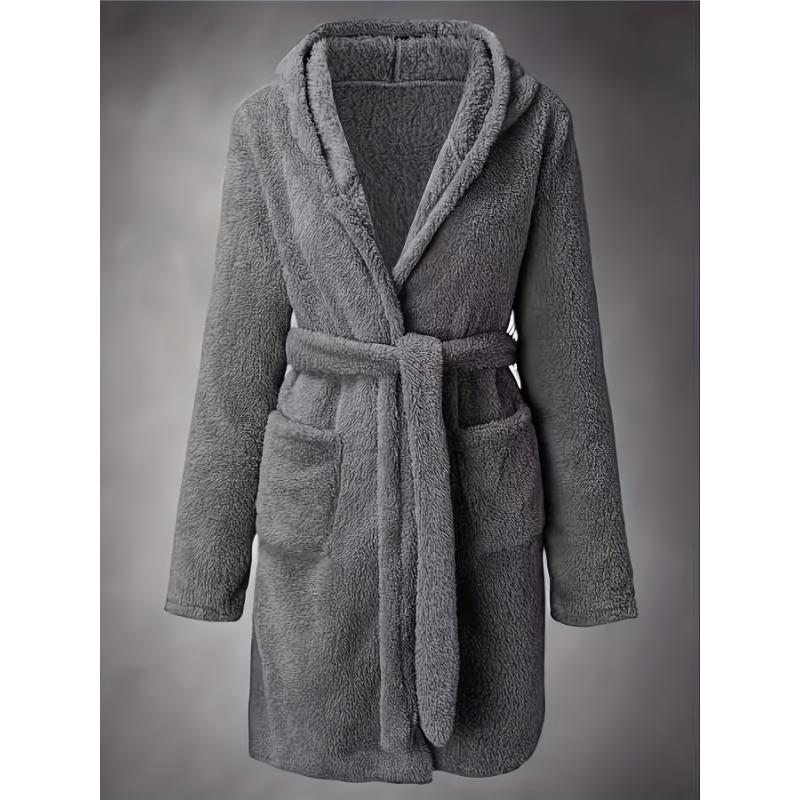 Men's Comfy Solid Fleece Robe Home Pajamas Wear With Pockets, One-piece Lace Up Kimono Night-robe Warm Sets After Bath