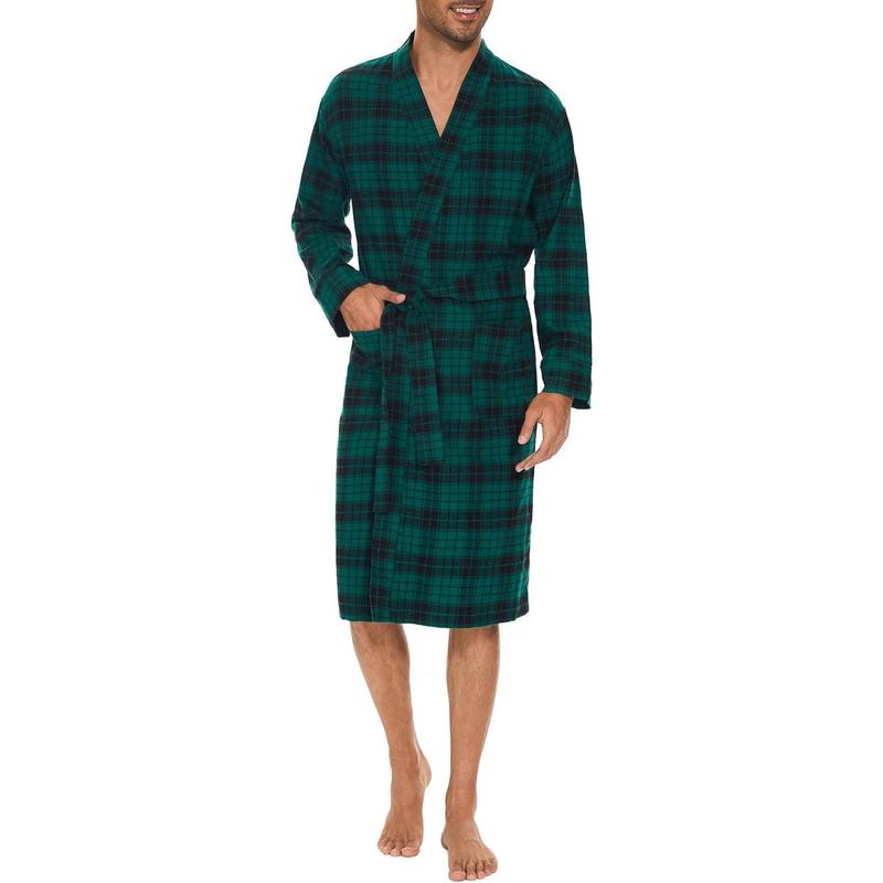 Men's Flannel Robe Knee Length Plaid Bathrobe