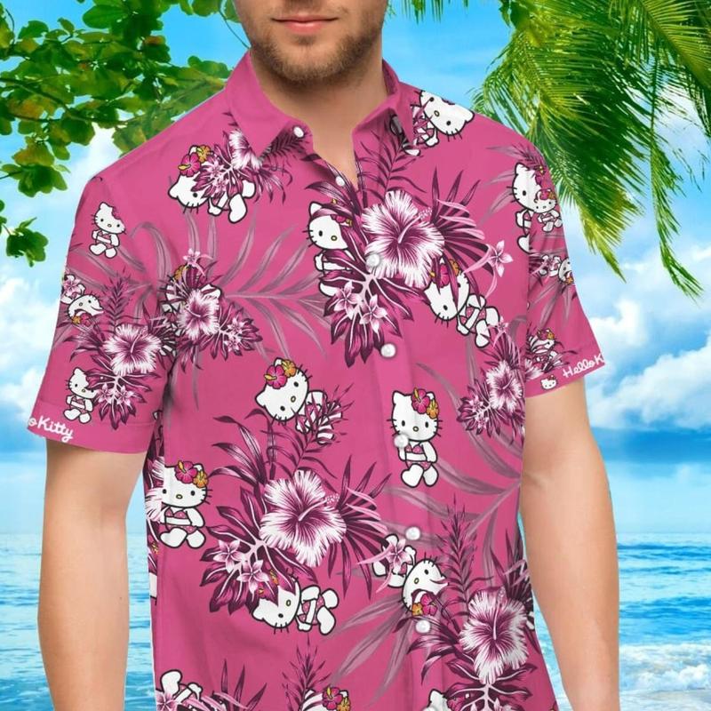 Hello Kitty Hawaiian Shirt For Men And Women , Menswear, Top, Underwear, Man, Shortsleeve, Tropical, Button Down, Unisex, Suits, Overall, Casual