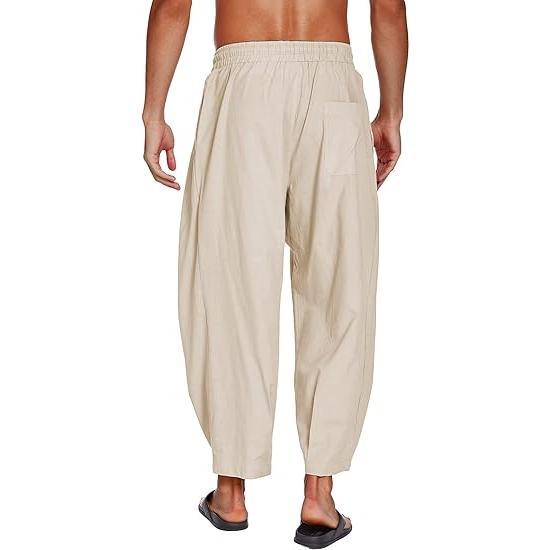 COOFANDY Men's Cotton Linen Harem Pants Drawstring Casual Cropped Trousers Lightweight Loose Beach Yoga Pants with Pockets Skin-friendly Menswear Baggy Canvas Elastic Hippie Soft Suit Underwear Plain Beige