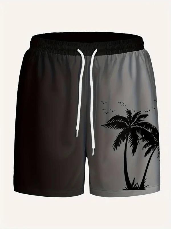 Men's Regular Fit Palm Tree Print Drawstring Waist Beach Shorts, Casual Pocket Beach Shorts for Summer, Fashion Men's Bottoms for Vacation Holiday Beach