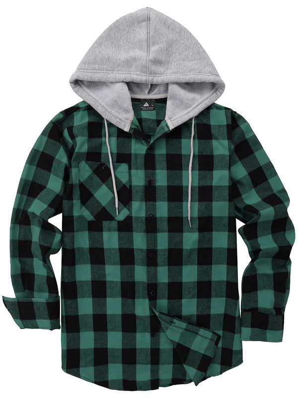  Men's Plaid Print Button Front Drawstring Hooded Coat, Regular Fit Hooded Jacket, Casual Long Sleeve Pocket Outerwear for Spring & Fall, Men's Clothes for Daily Wear