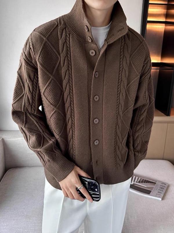 Men's Solid Color Cable Knit Sweater, Casual Regular Fit Long Sleeve Button Front Jumper for Fall & Winter, Fashion Men's Knitwear for Daily Wear