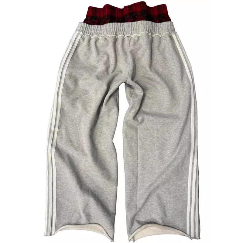 New Product Carnival]Casual Sweatpants Side Three Bars Splicing Plaid Comfortable Loose Wide Leg Straight Sweatpants Street Tide