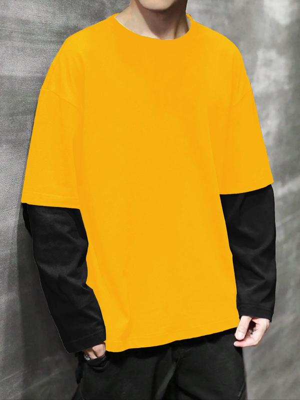 Men's Colorblock 2 in 1 Round Neck Tee, Casual Streetwear Long Sleeve Drop Shoulder T-shirt for Spring & Fall, Back To School Outfits, Graphic Tees for Men, Comfy College Outfits, Going Out Outfits, Men's T Shirts