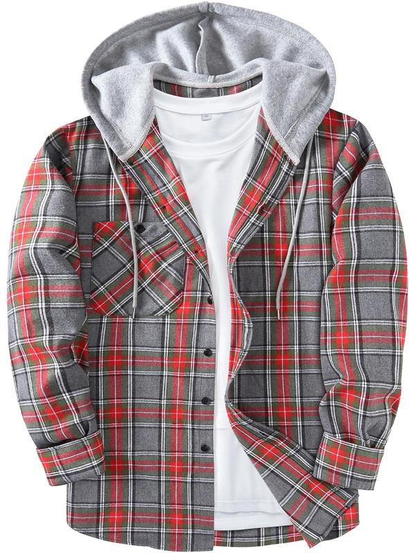  Men's Plaid Print Button Front Drawstring Hooded Coat, Regular Fit Hooded Jacket, Casual Long Sleeve Pocket Outerwear for Spring & Fall, Men's Clothes for Daily Wear