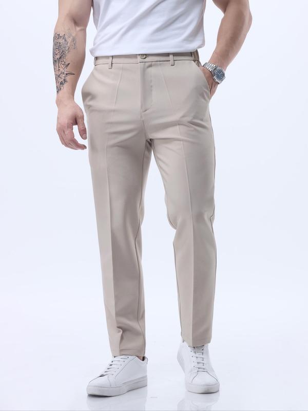 Men's Solid Pocket Button Fly Suit Pants, Regular Fit Casual Comfy Trousers for Work Office Business Daily Wear, Menswear for All Seasons