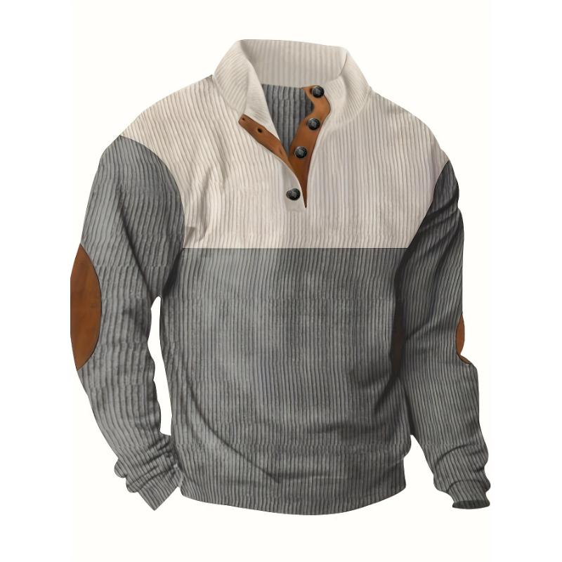 Men's Contrast Color Long Sleeve And Stand Collar Henley Shirt With Patchwork Pieces, Chic And Trendy Tops For Spring And Autumn Outdoors Leisurewear