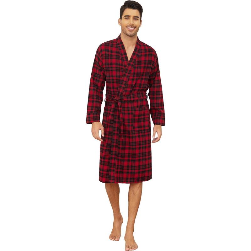 Men's Flannel Robe Knee Length Plaid Bathrobe