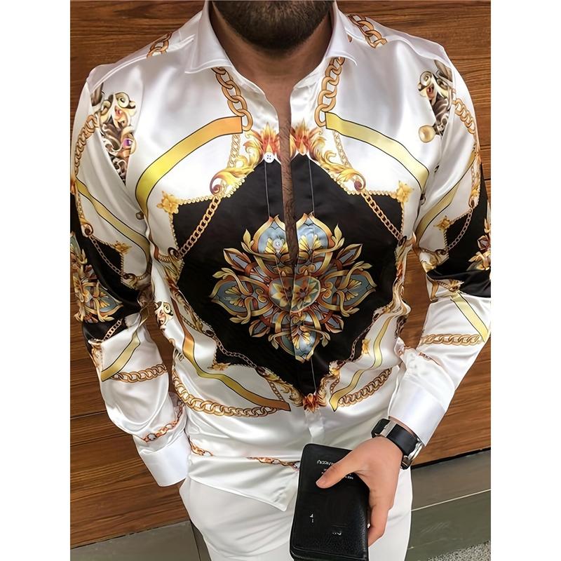 Men's Shirt Top Pattern Turn-down Collar Long Sleeve Closure, Fitted Casual Shirt Suitable for Men's Daily Club Wear