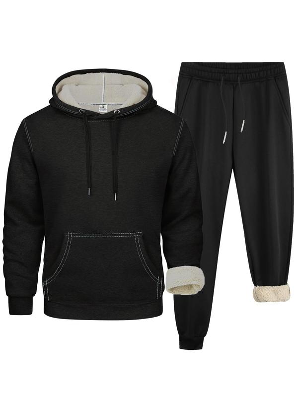 Men's Solid Long Sleeve Pocket Thermal Lined Hoodie & Drawstring Waist Pants Two-piece Set, Casual Regular Fit Hooded Sweatshirt & Pocket Trousers for Fall & Winter, Men's Two-piece Outfits for Daily Wear