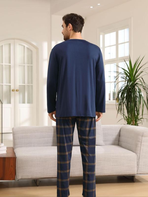 Two-Piece Set Men's Patchwork Pocket Tee & Plaid Print Elastic Waist Pants Pyjama, Casual Comfy Round Neck Long Sleeve T-shirt & Trousers PJ Set, Men's Sleepwear for Spring & Fall