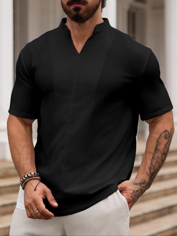 Men's Solid Notched Neck Shirt, Regular Fit Casual Short Sleeve Top for Summer, Men's Top for Daily Wear