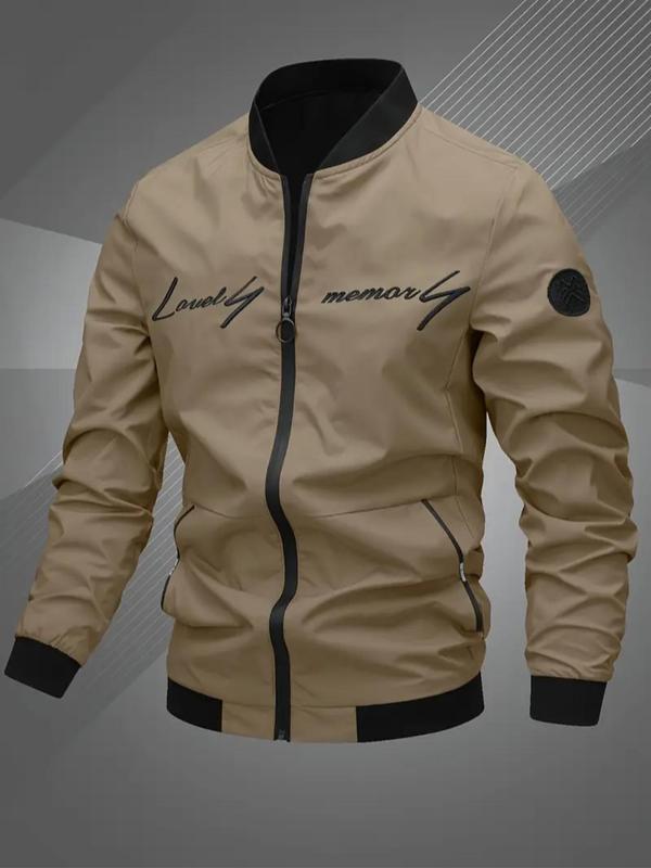 Men's Regular Fit Letter Embroidery Zip Up Bomber Jacket, Casual Long Sleeve Windproof Stand Collar Outerwear for Fall & Winter, Men's Clothes for Daily Wear Tops