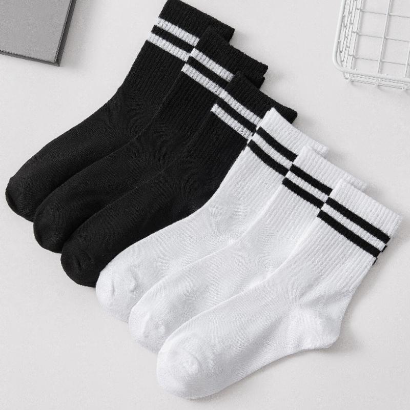 6pairs set Men's Striped Design Mid-calf Socks In Black And White