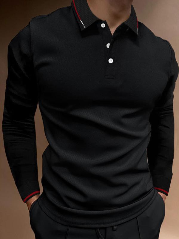 Men's Solid Long Sleeve Buttons Polo Shirt, Regular Fit Casual Fashion Collared Top for Spring & Fall, Men's Clothes for Daily Wear, Fall Outfits, Fallfreshness