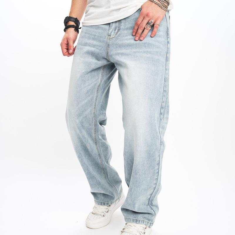 Wide-Leg Men's jeans Simple solid Loose Straight  Trousers For Men's Cotton Jogging  Denim Pants Menswear Underwear Human Beige mid waist plain Jean