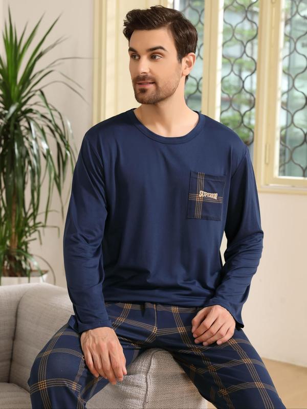 Two-Piece Set Men's Patchwork Pocket Tee & Plaid Print Elastic Waist Pants Pyjama, Casual Comfy Round Neck Long Sleeve T-shirt & Trousers PJ Set, Men's Sleepwear for Spring & Fall