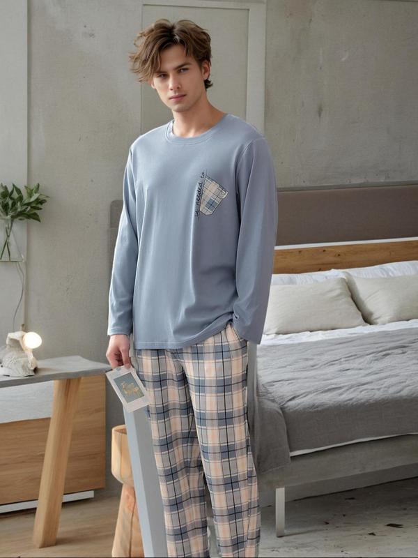 Two-Piece Set Men's Pocket Tee & Plaid Print Pants Pyjama, Regular Fit Casual Comfy Round Neck Long Sleeve T-shirt & Trousers PJ Set, Men's Sleepwear for Spring & Fall